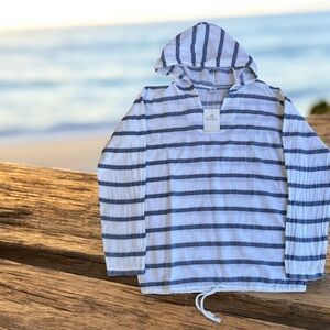 Boomil Striped Hooded Pullover Top Small Blue White 100% Cotton NWT‎ Made Greece